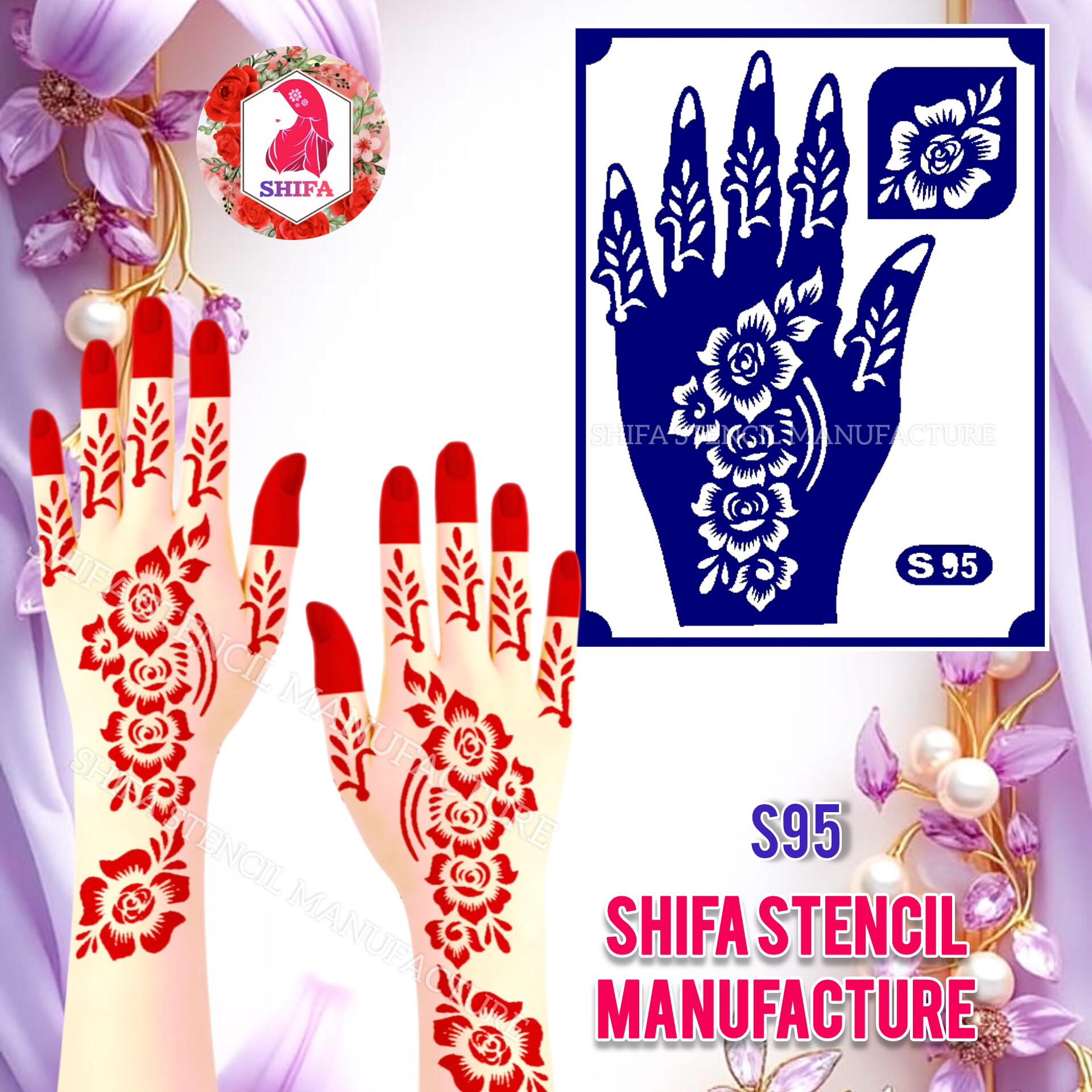 S95 Blooming Rose Motifs Arabic Design  Sticker Overview  Henna Stencil - Shifa Stencil